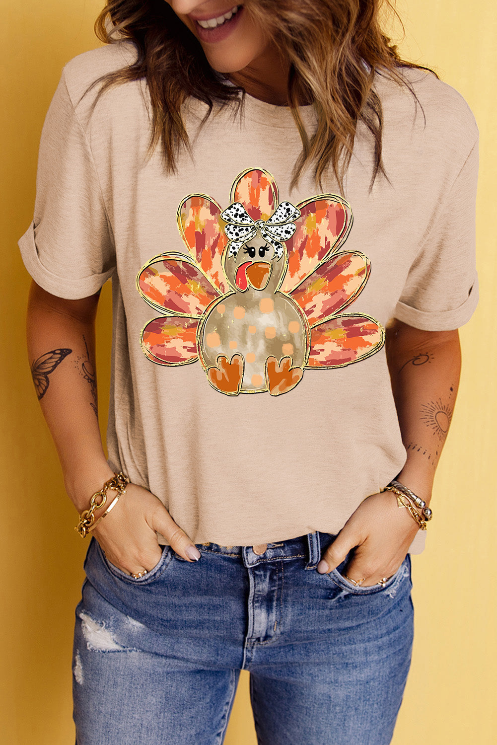 Thanksgiving Bowknot Turkey Graphic Crewneck Tee | Khaki