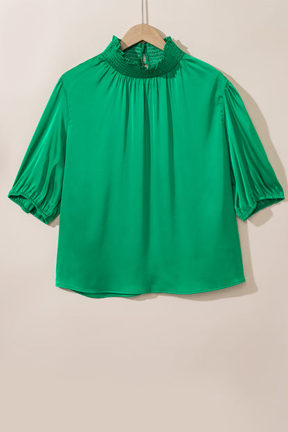 Shirred High Neck Puff Sleeve Plus Size Blouse | Sea Green