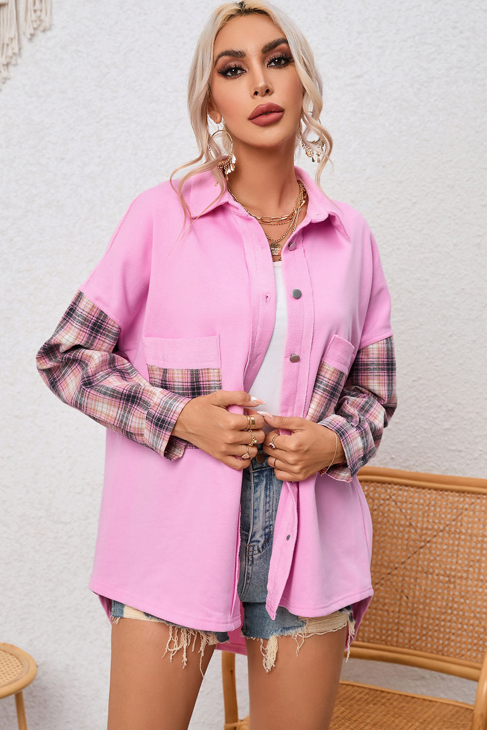 Plaid Patchwork Chest Pockets Oversized Shirt Jacket | Rose