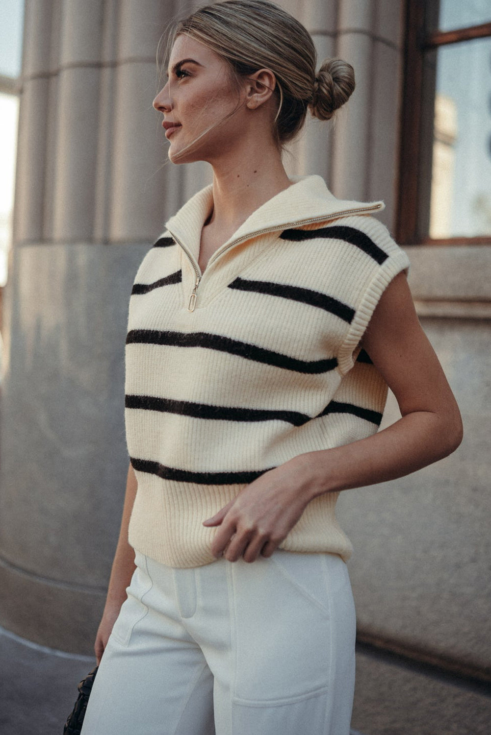 Zipped Collar Cap Sleeve Knit Top | White Stripe