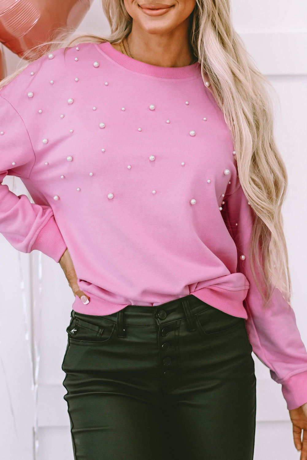 Pearl Detail Ribbed Crew Neck Sweatshirt | Bonbon