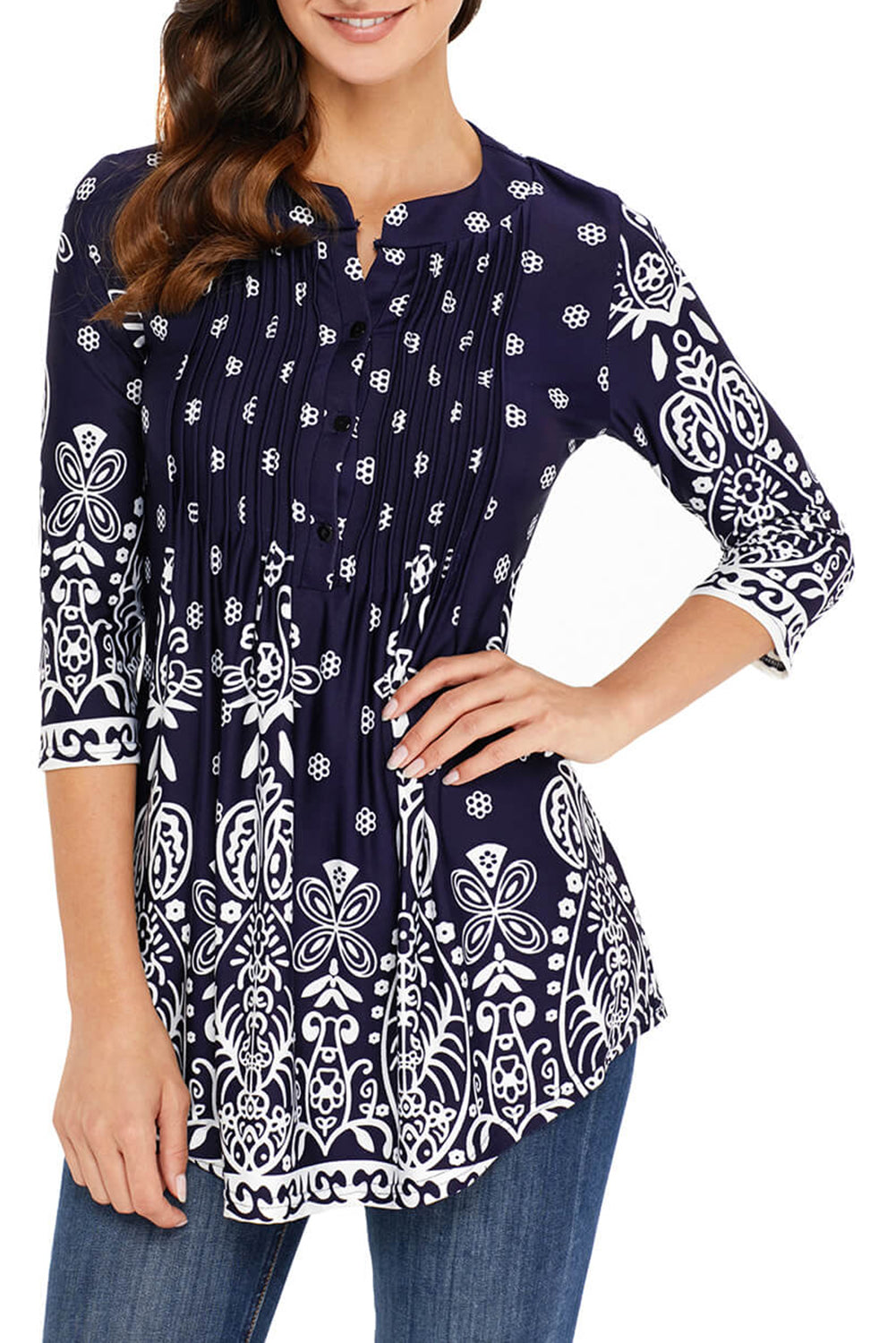 Navy  Floral Notch Neck Pin-Tuck Tunic | Blue