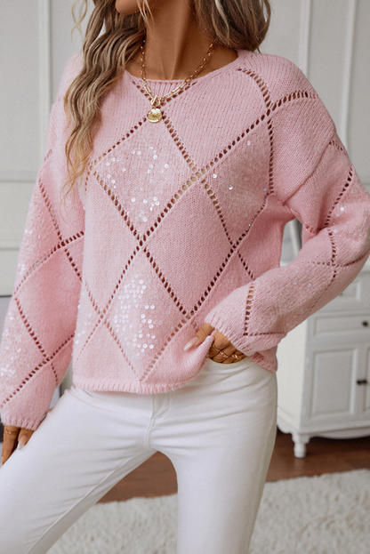 Hollowed Rhombus Pattern Sequin Detail Round Neck Sweater | Light Pink