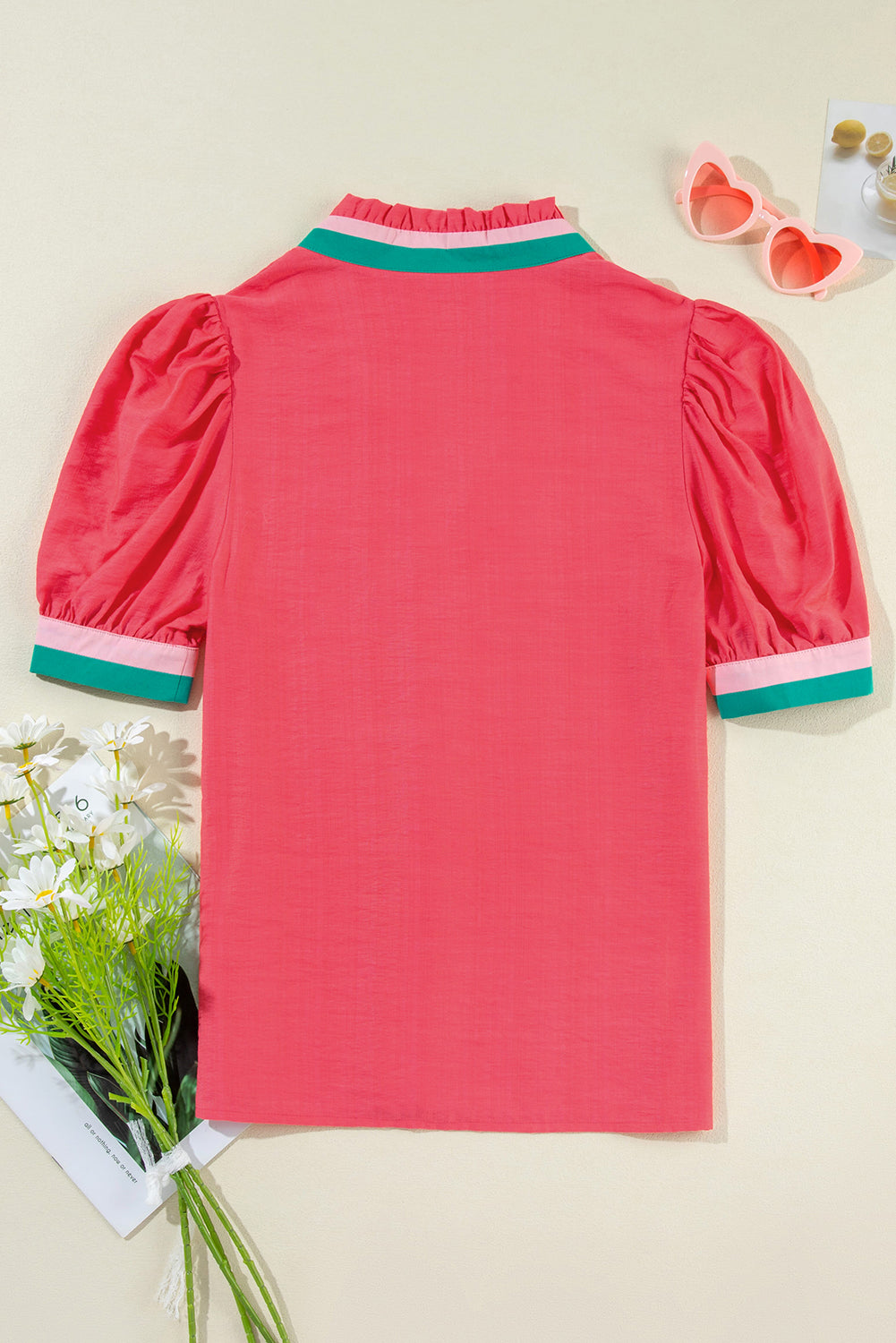 Colourful Trim V Neck Short Sleeve Blouse | Carrot