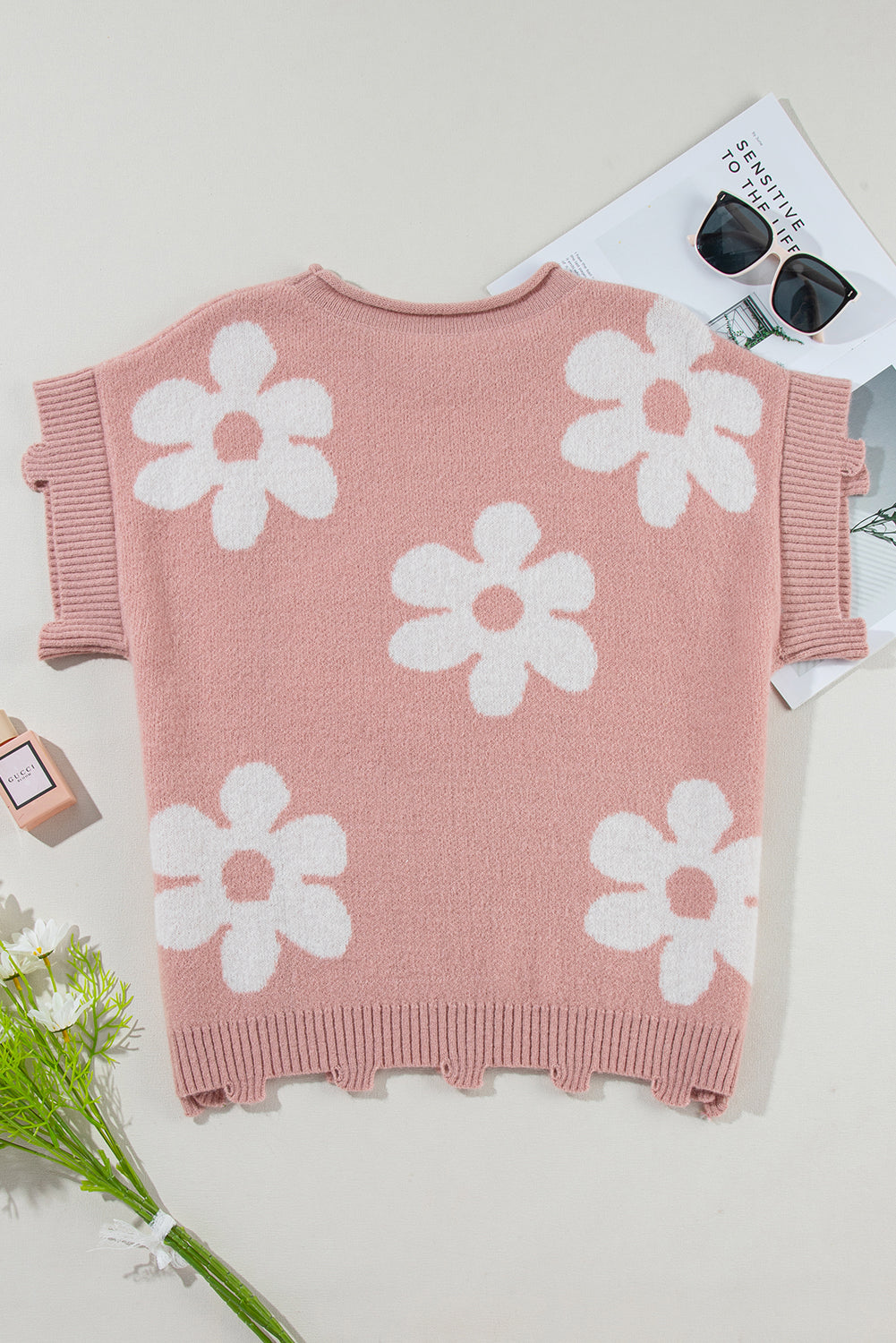 Pearled Flower Distressed Edge Sweater T Shirt | Light Pink