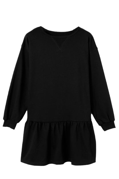 Solid Colour Puff Sleeve Ruffle Hem Mini Dress | Black