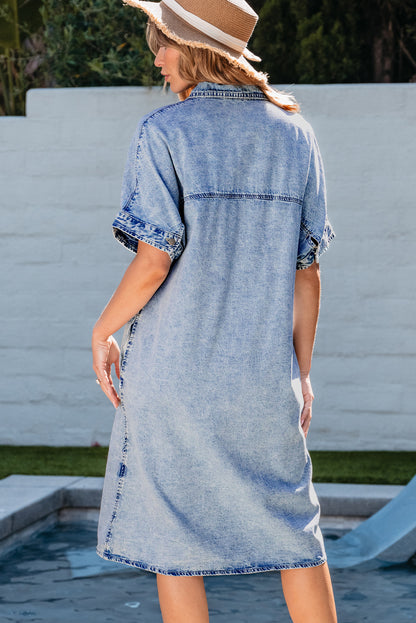 Loose Medium Wash Short Sleeve Shirt Chambray Dress | Light Blue