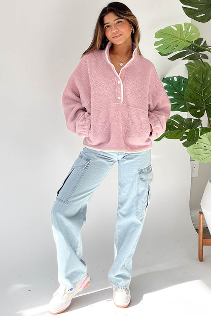 Stand Neck Half Button Zip Pocket Plush Sweatshirt | Fushia