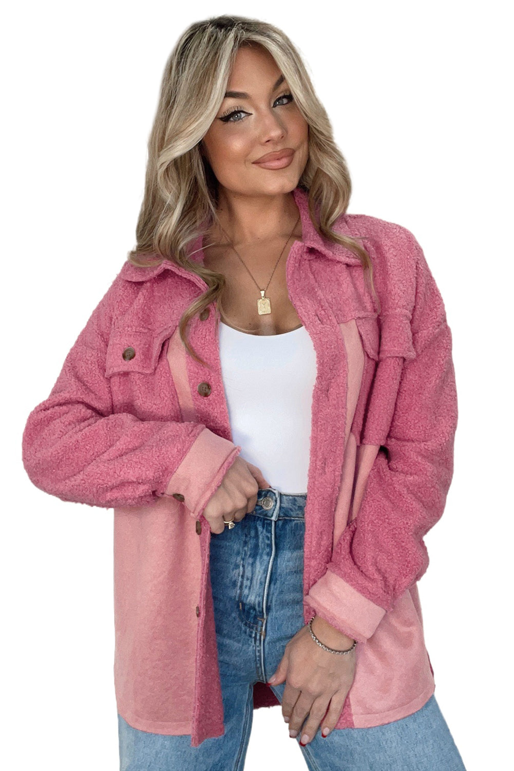 Colourblock Buttoned Flap Pocket Sherpa Shacket | Pink