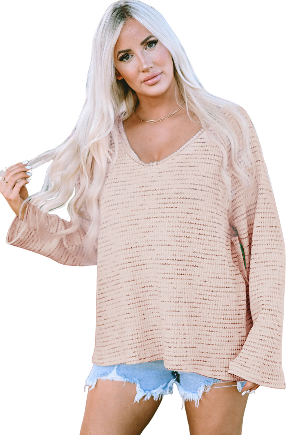 Waffled Knit Long Sleeve V-Neck Frayed Top | Pink