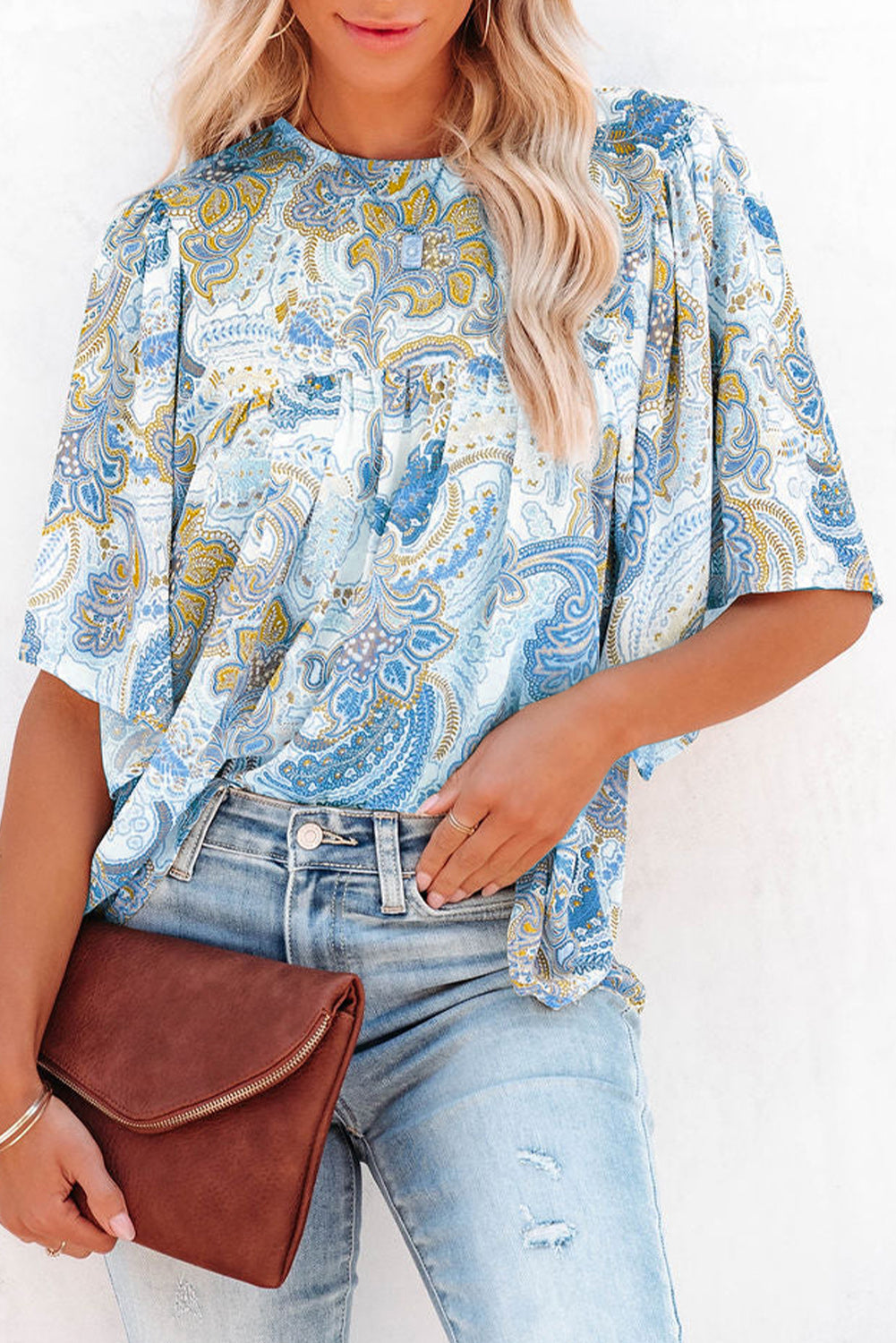 Paisley Print Wide Sleeves Loose Blouse | Sky Blue