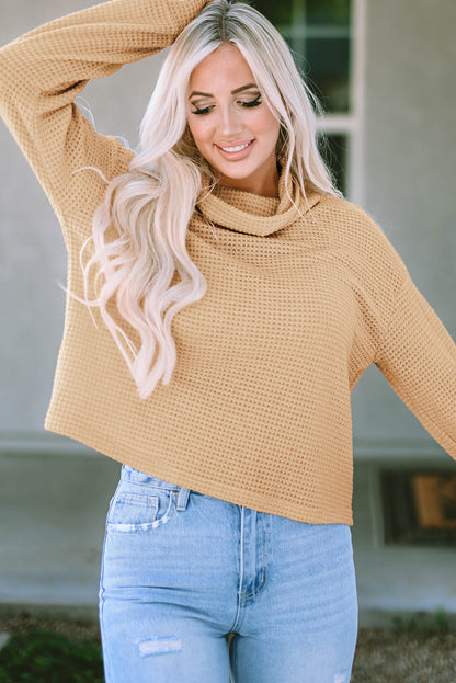 Solid Waffle Knit Turtleneck Long Sleeve Top | Apricot