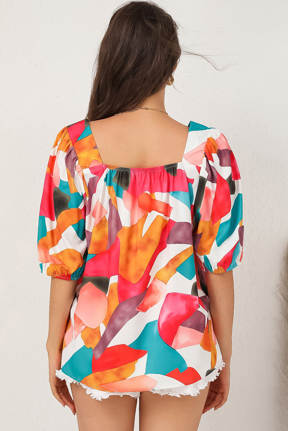 Square Neck Abstract Print Short Sleeve Blouse | Multicolour