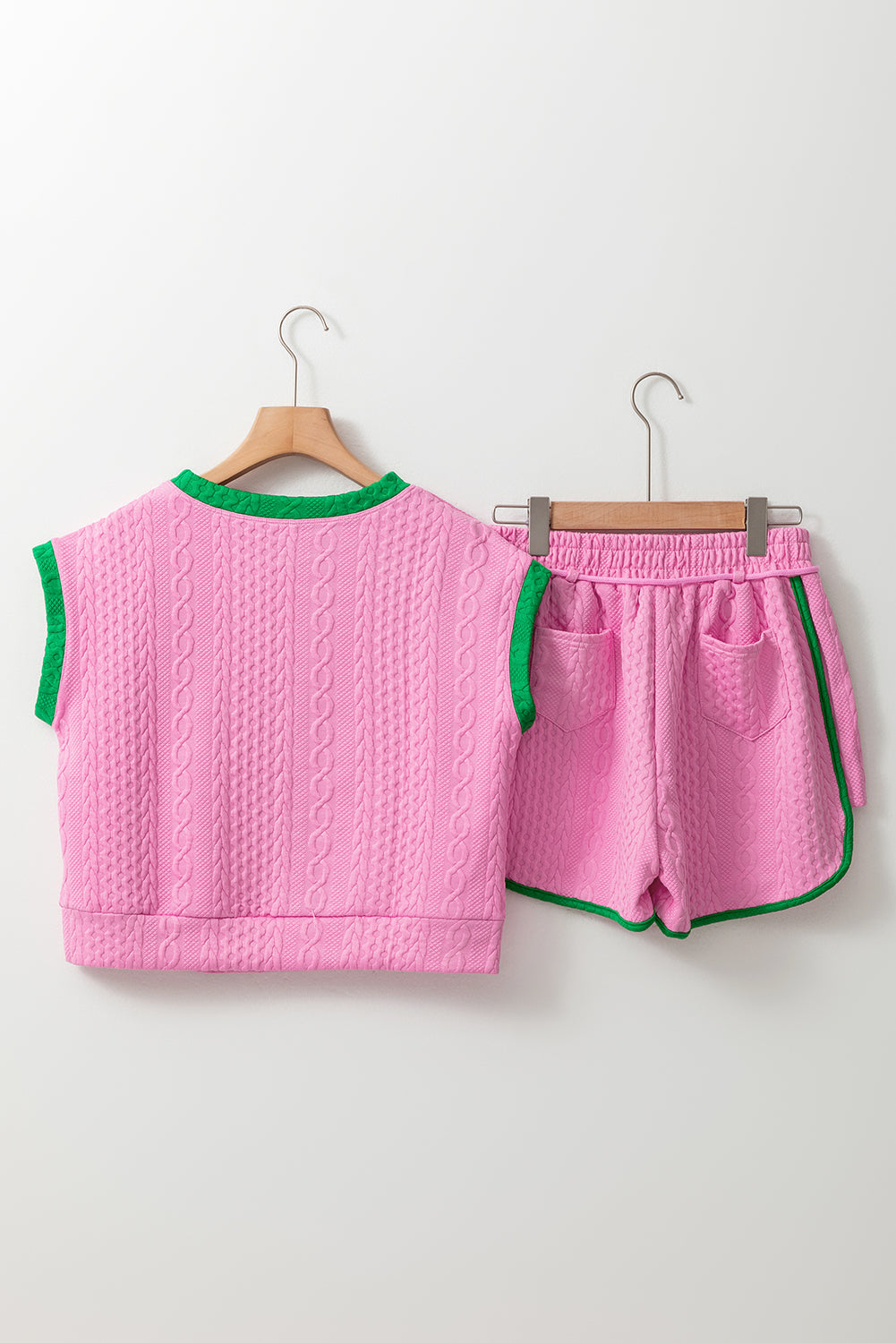 Contrast Trim Cable Textured Shorts Set | Pink