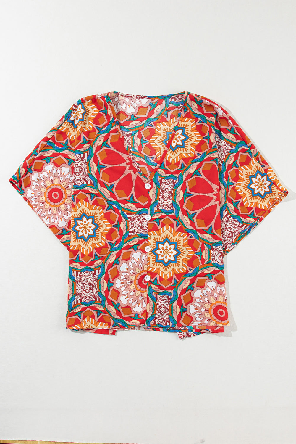 Floral Print Batwing Sleeve V Neck Blouse | Red