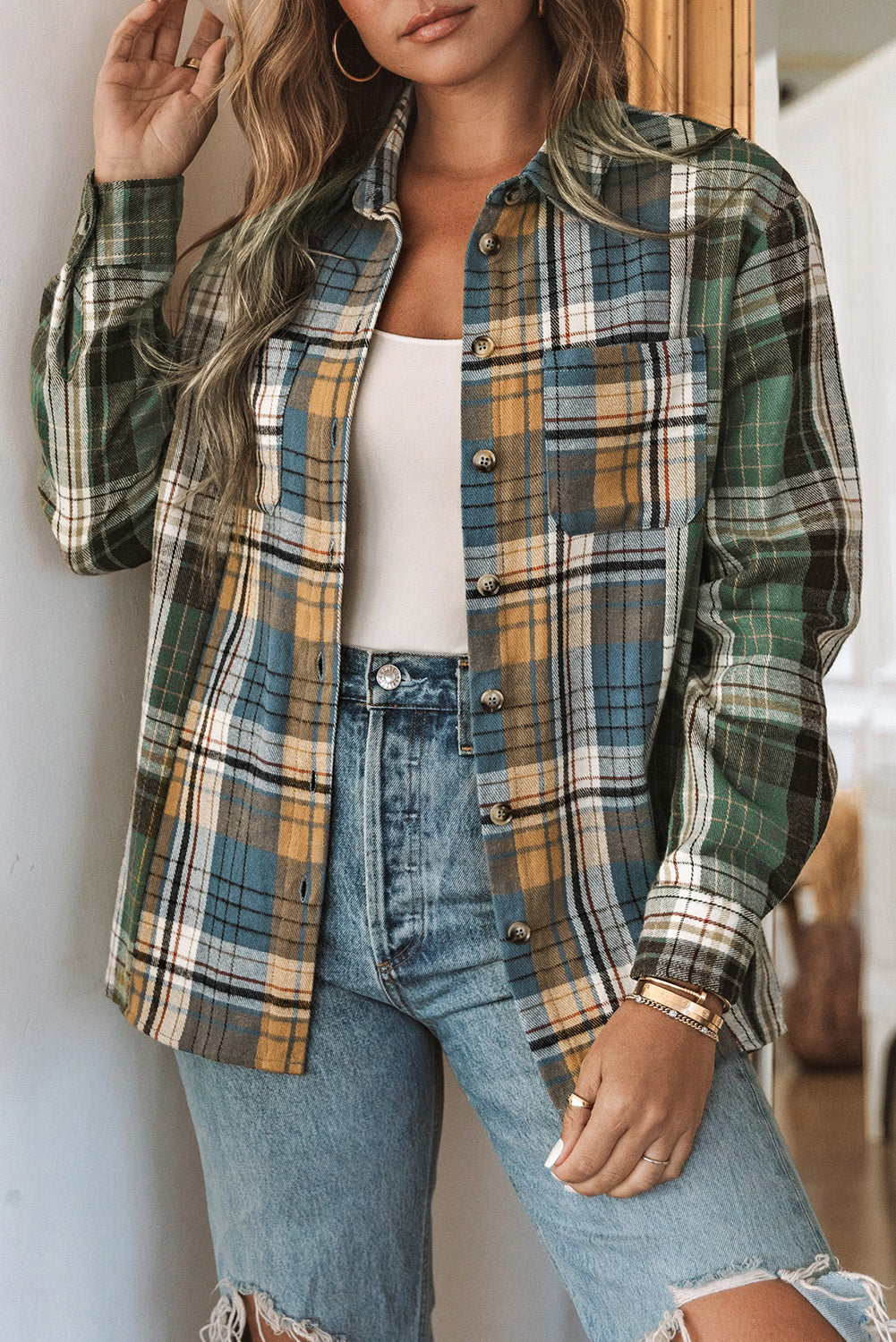 Chest Pockets Button Up Plaid Shacket | Green