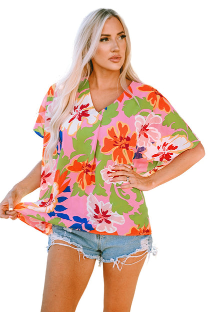 Floral Print Loose Fit V Neck Tunic Blouse | Pink