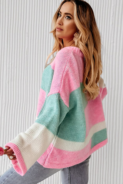 Colourblock Drop Shoulder Bell Sleeve Sweater | Pink