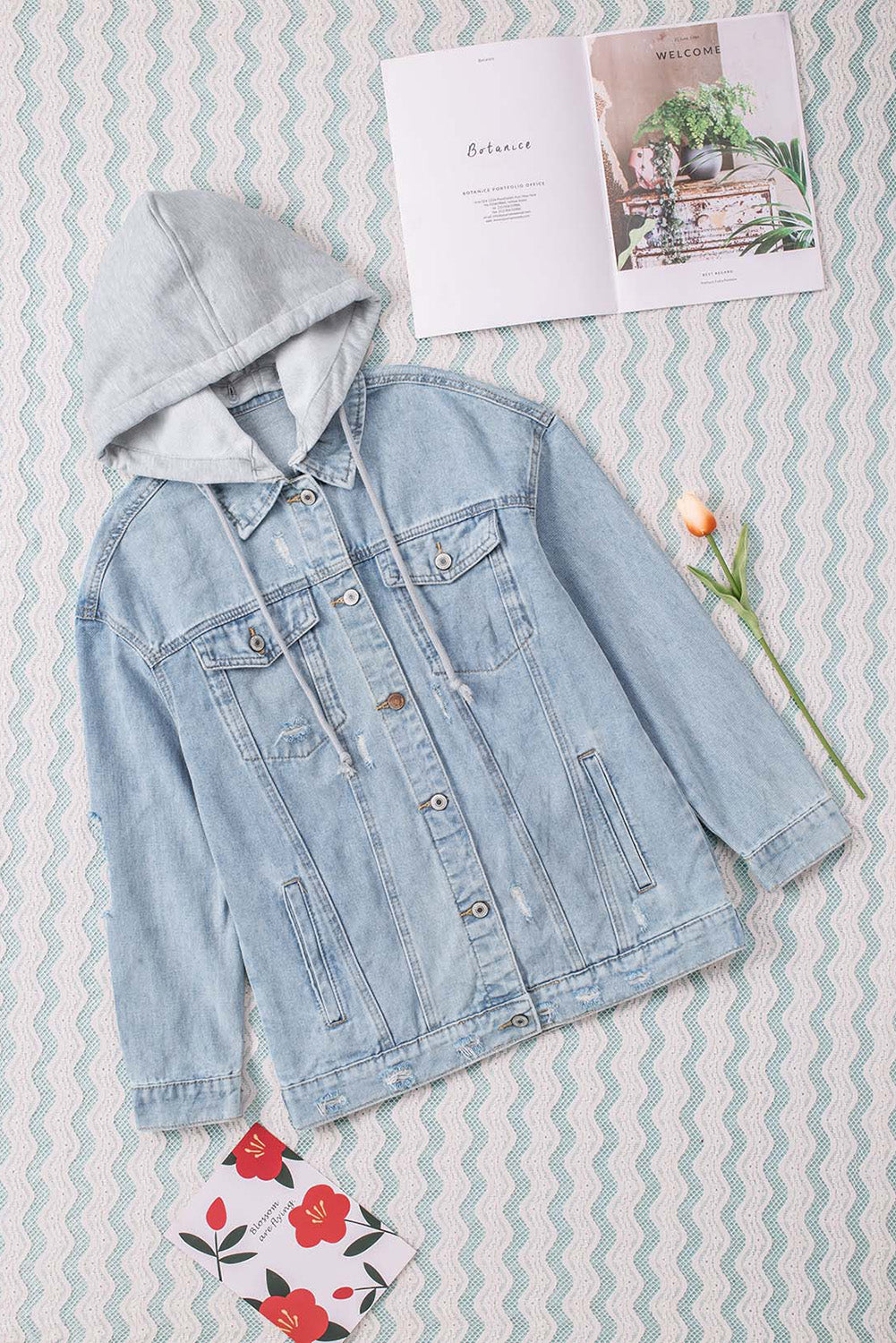 Button Closure Ripped Hooded Denim Jacket | Sky Blue