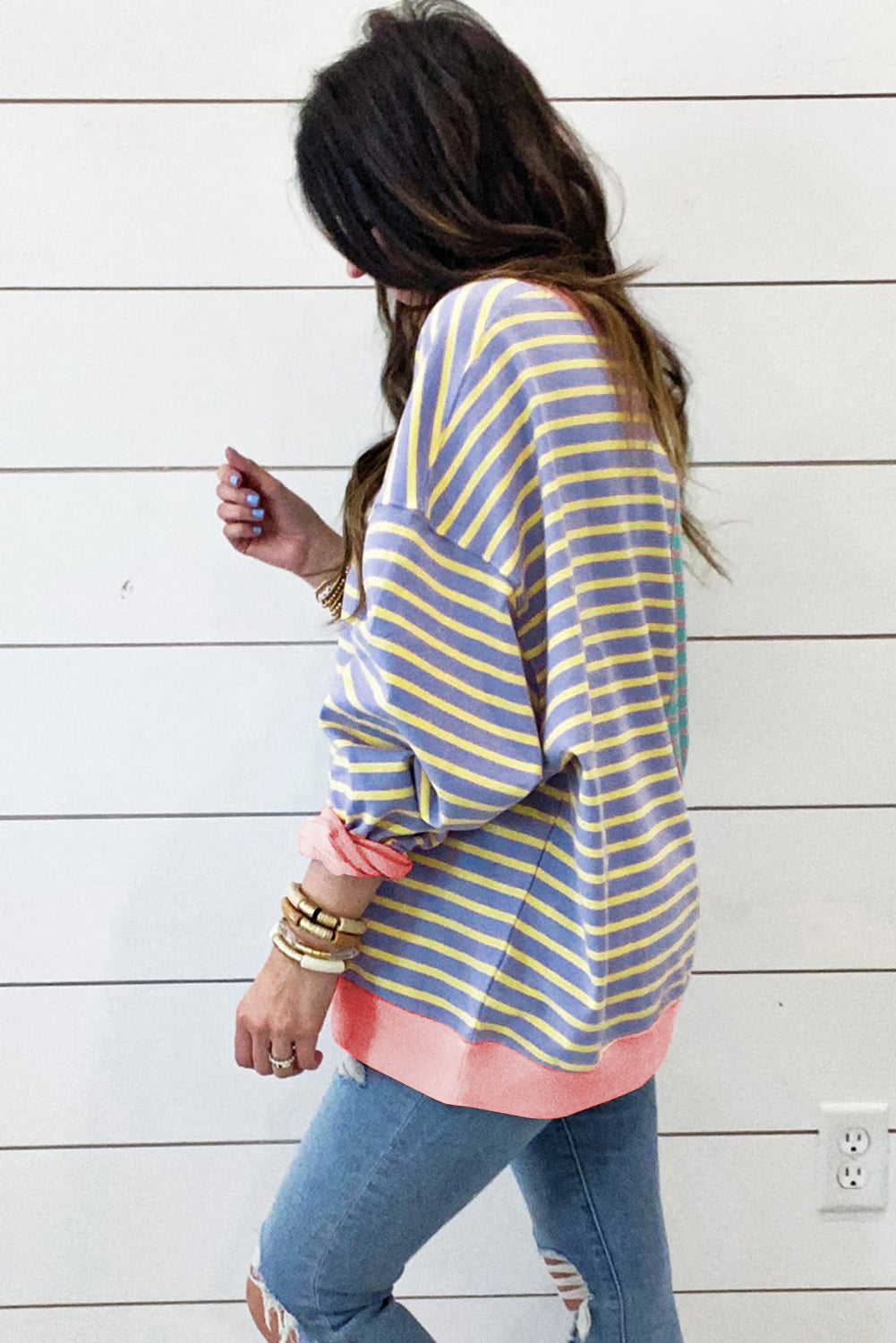 Colourblock Drop Shoulder Oversize Sweatshirt | Sky Blue Stripe