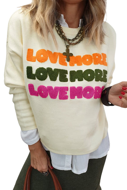 Love More Chenille Graphic Long Sleeve Sweatshirt | White