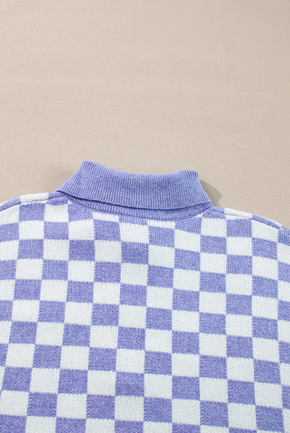 Checkered Collared Buttons Plus Size Sweater | Purple