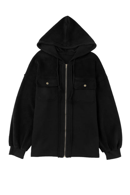 Flap Pocket Drawstring Hood Zip Up Jacket | Black