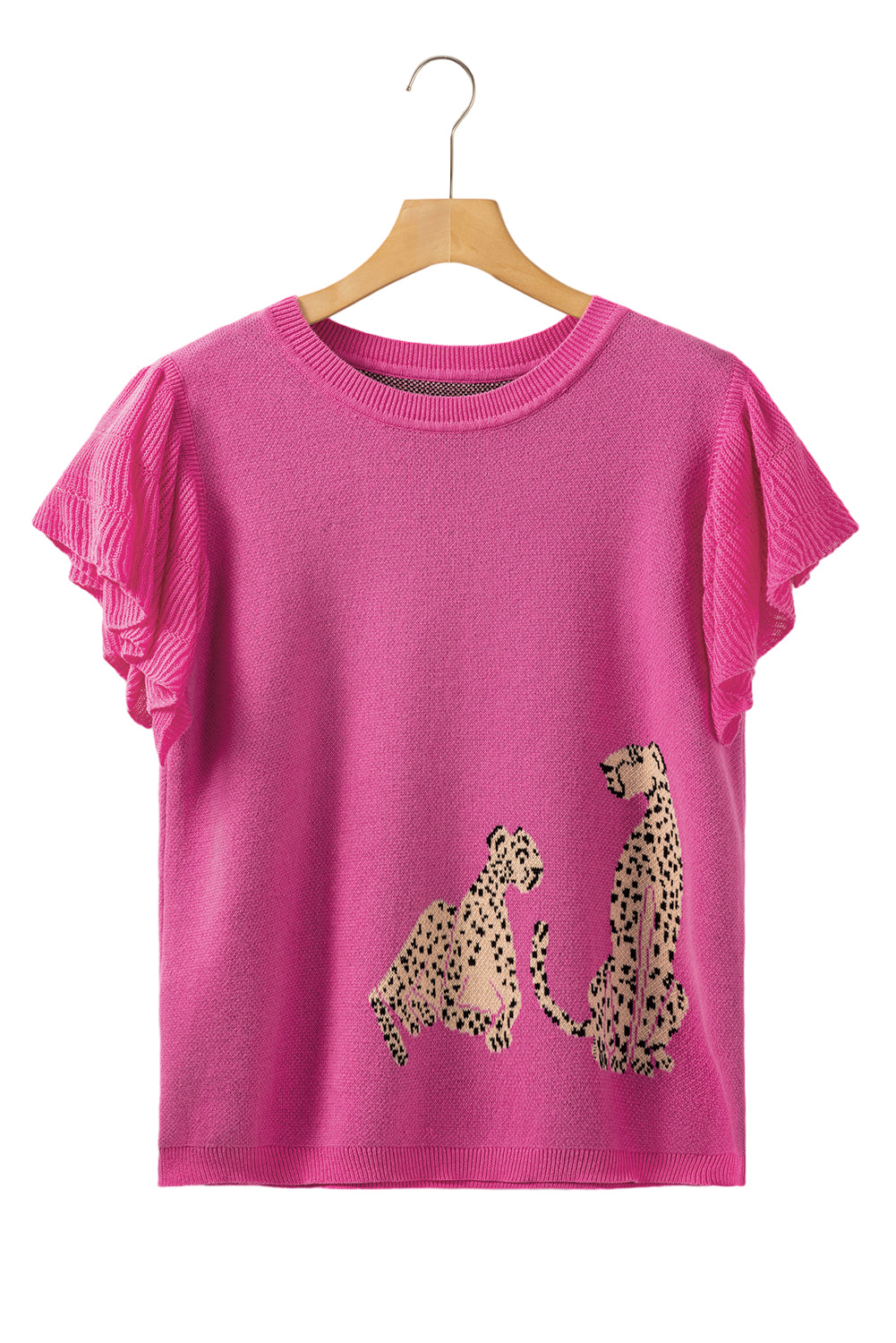 Leopard Ruffled Sleeve Round Neck Knit Sweater | Pink