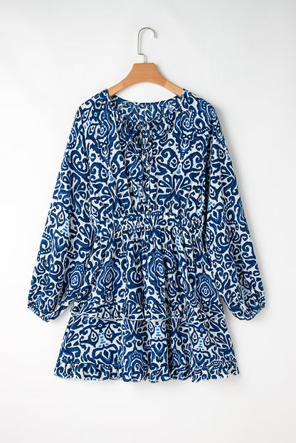 Vintage Print Lace Up V Neck Long Sleeve Mini Dress | Blue