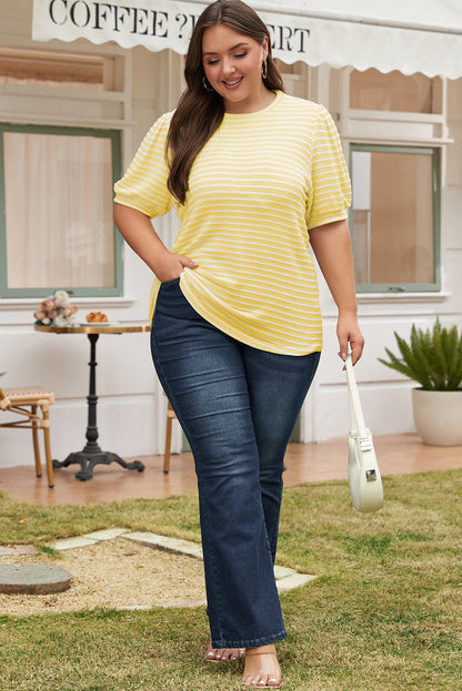 Short Puff Sleeve Plus Size Jumper | Yellow Stripe