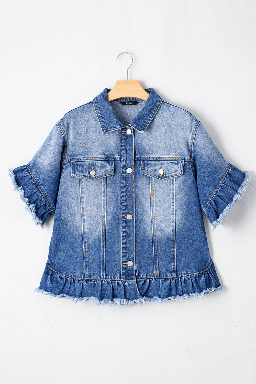 Raw Edge Ruffled Short Sleeve Denim Jacket | Peacock Blue