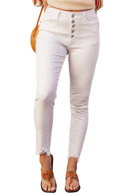 Plain High Waist Buttons Frayed Cropped Denim Jeans | White