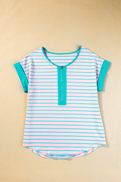 Contrast Trim Half Zip Short Sleeve Top | Pink Stripe