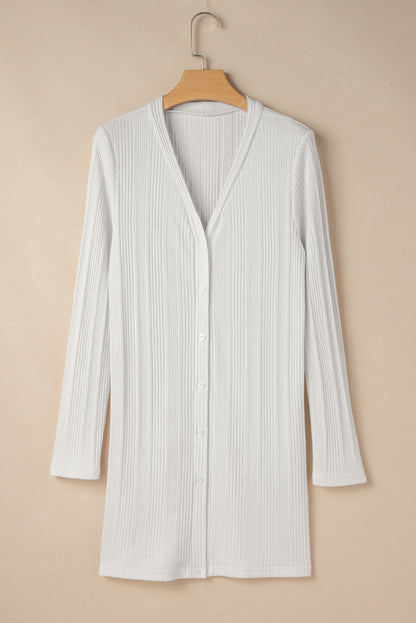 Solid Colour Ribbed Button Up Tunic Cardigan | White