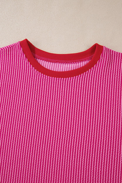 Corded Contrast Edge Drop Shoulder Long Sleeve Top | Bright Pink