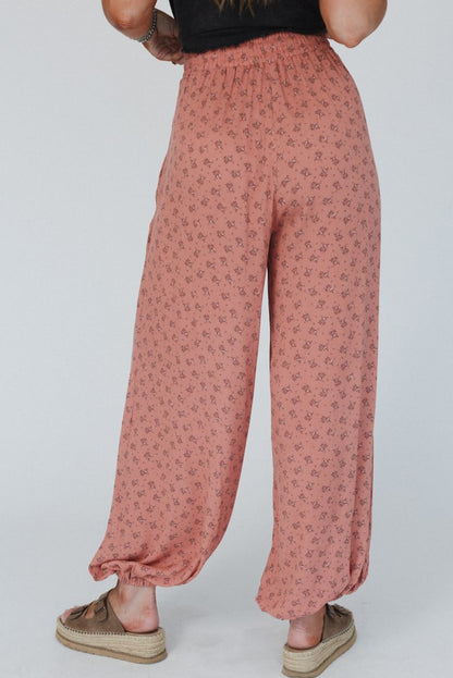 Boho Floral Printed Wide Leg Jogger Pants | Pink