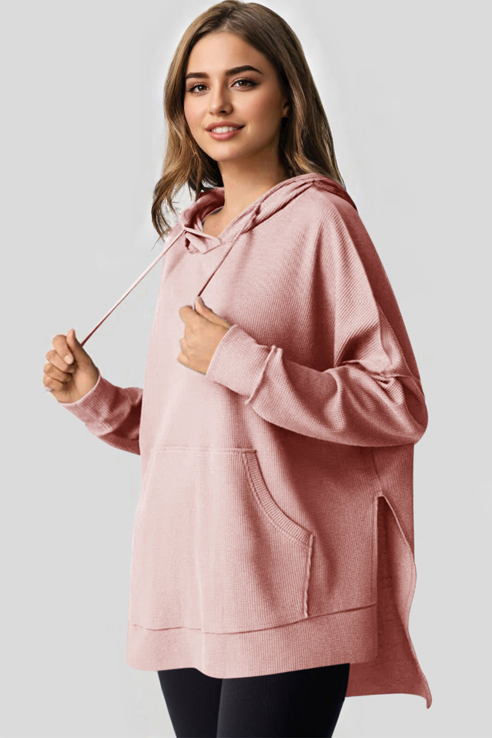 Waffle Knit Fleece Lined High Low Oversized Hoodie | Light Pink