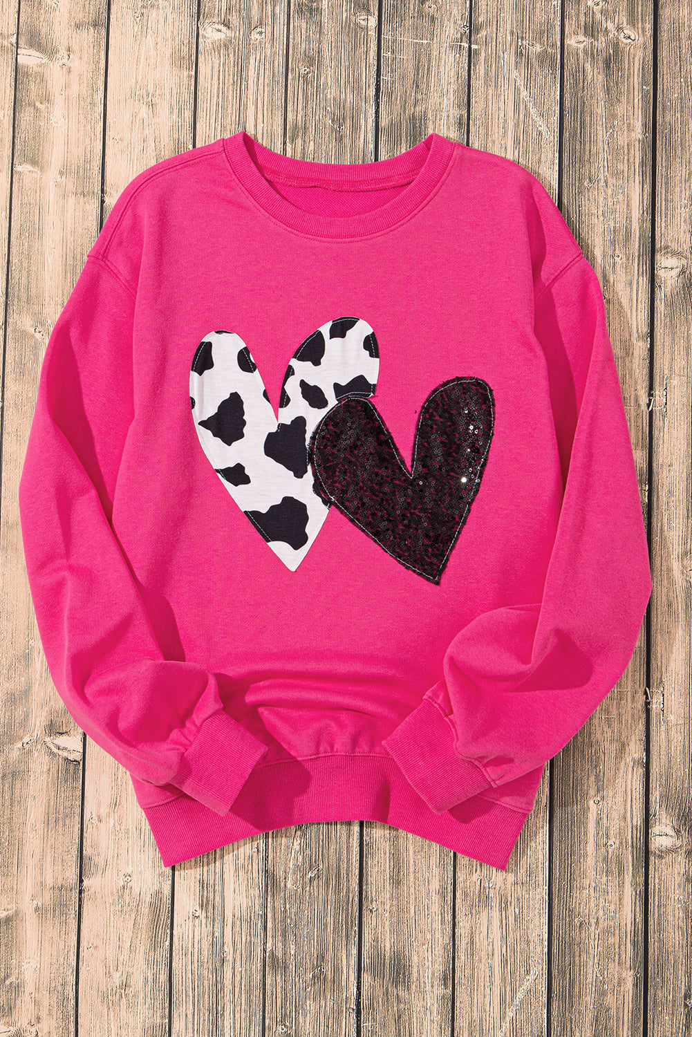 Cow & Sequin Double Heart Patch Graphic Sweatshirt | Strawberry Pink