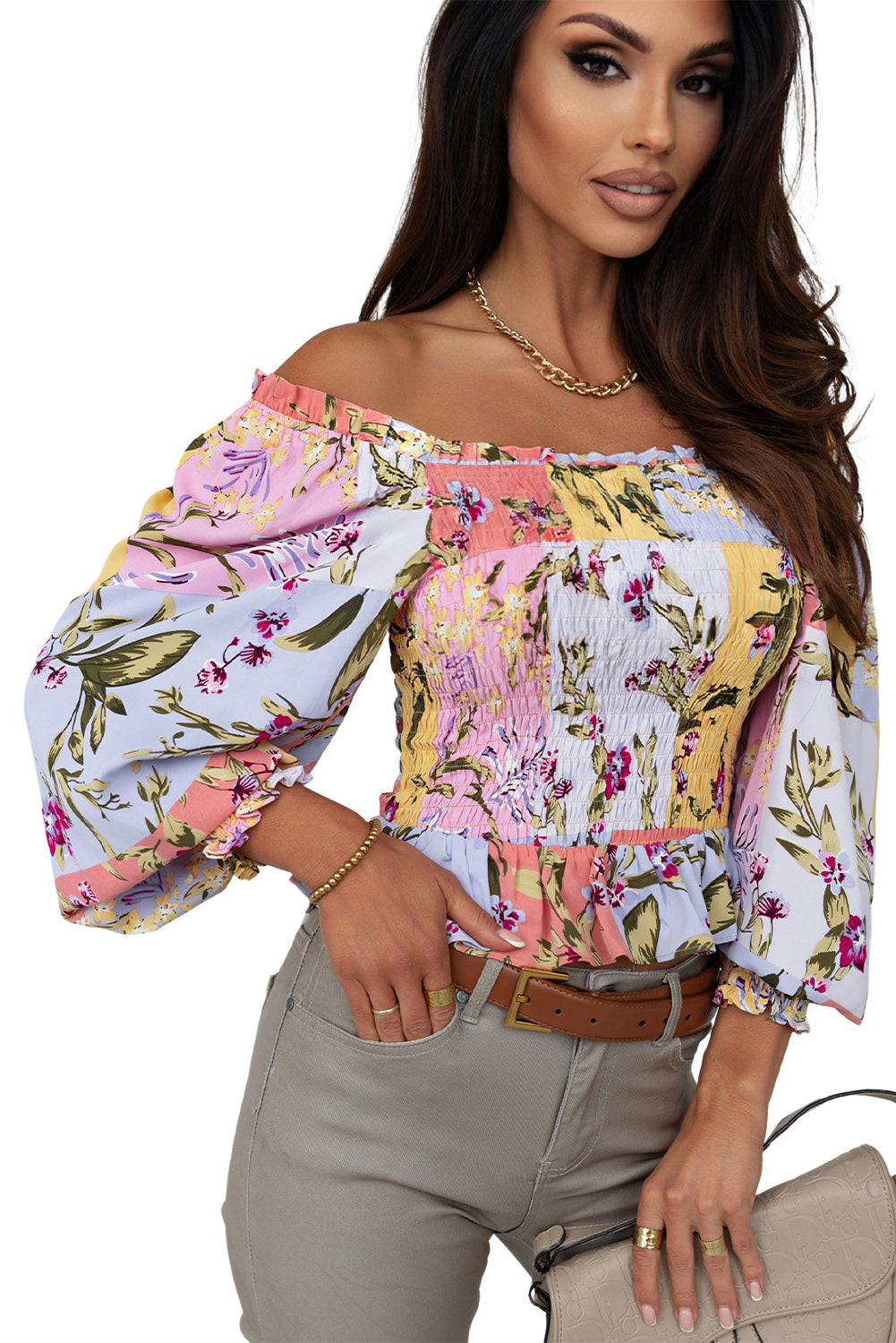 Smocked Floral Frilled Trim Square Neck Blouse | Multicolour