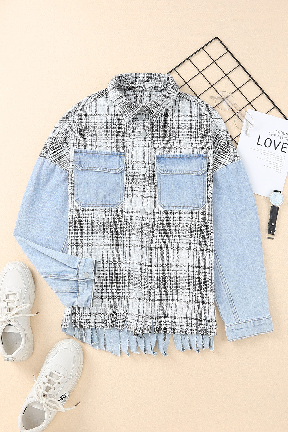 Plaid Patchwork Fringed Flap Pockets Denim Jacket | Sky Blue