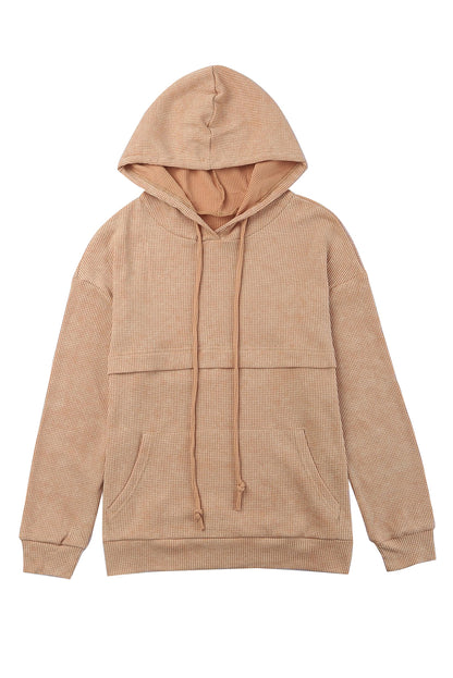 Waffle Knit Kangaroo Pocket Hooded Sweatshirt | Brown