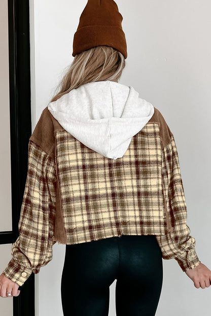 Plaid Patchwork Distressed Hooded Cropped Jacket | Brown