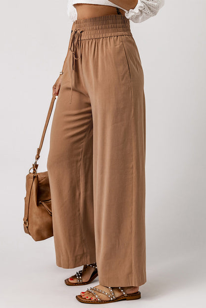 Drawstring Elastic Waist Casual Wide Leg Pants | Brown