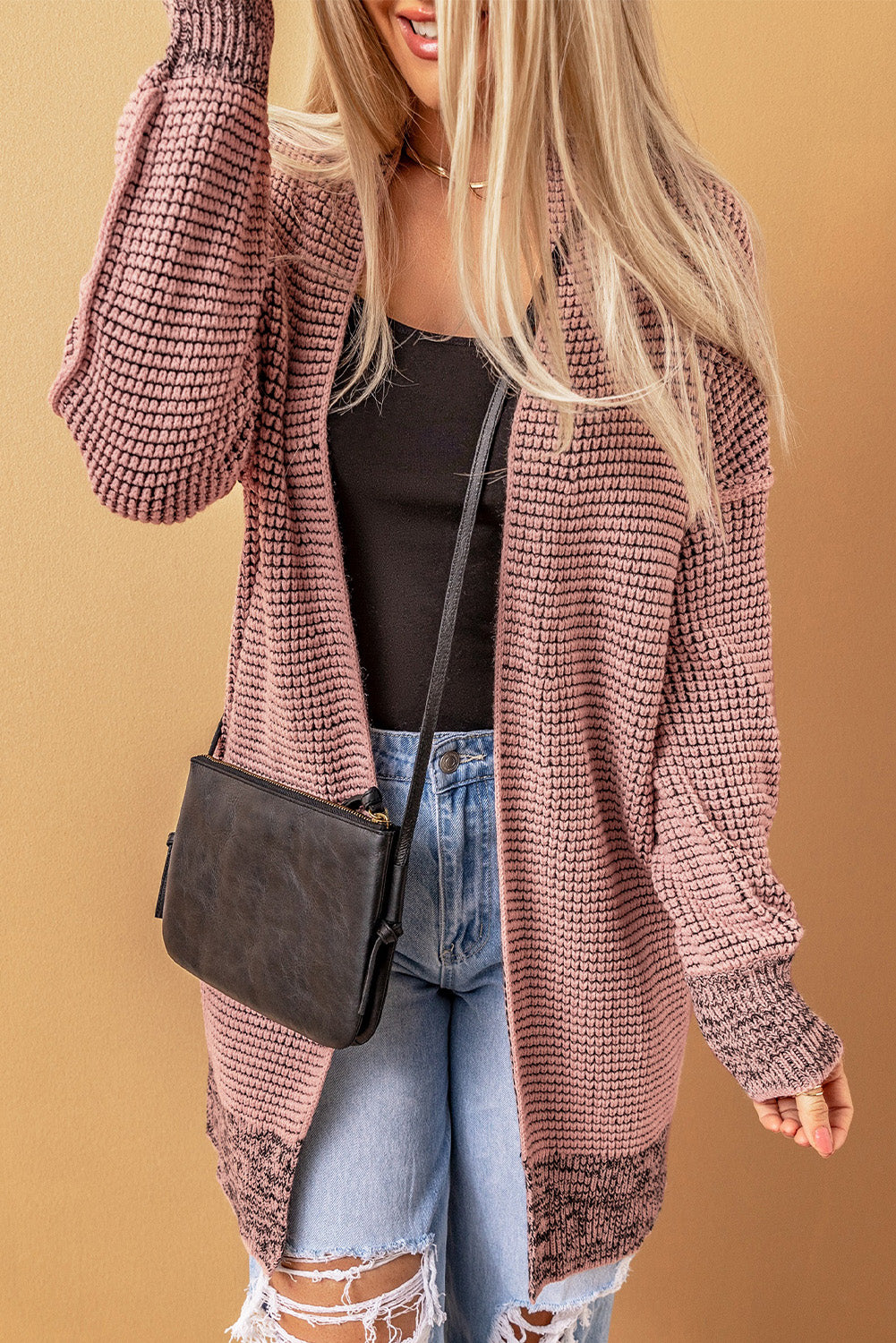 Plaid Knitted Long Open Front Cardigan | Pink