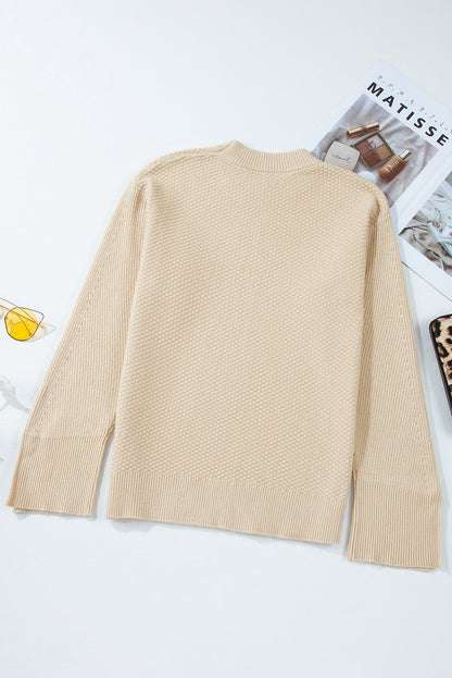 Solid Textured Knit Split Cuff Drop Shoulder Loose Sweater | Parchment