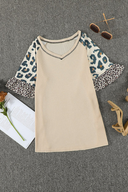 Mixed Leopard Ruffle Sleeve Waffle Knit Top | Khaki