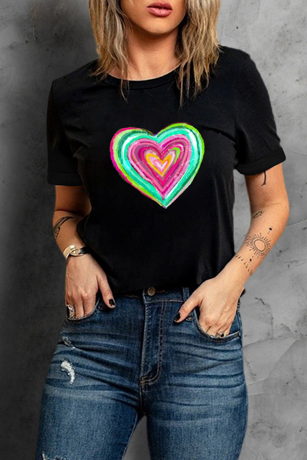 Valentine Heart Shaped Print Crew Neck T Shirt | Black