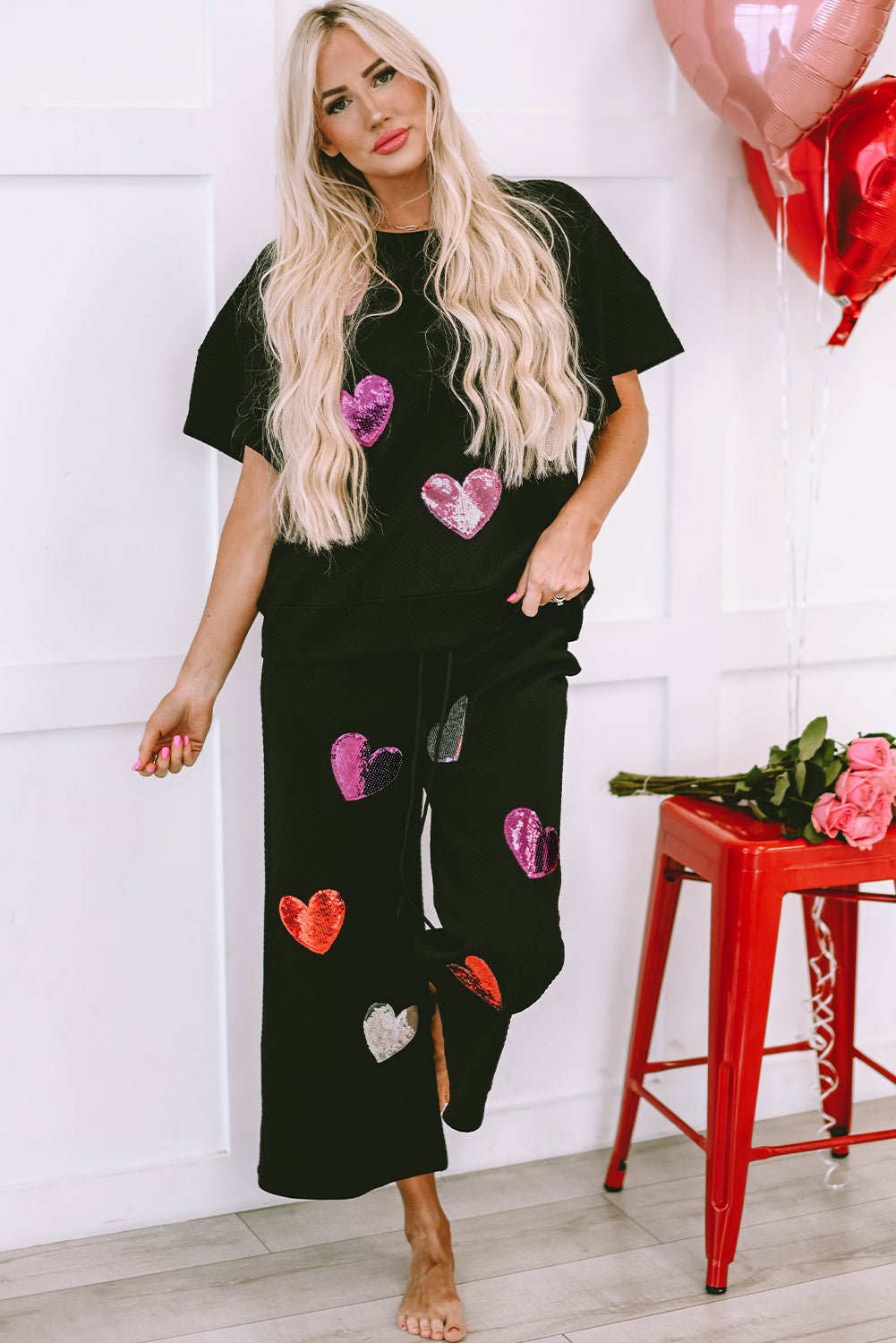 Sequin Heart Popping Graphic Textured 2Pcs Outfit | Black