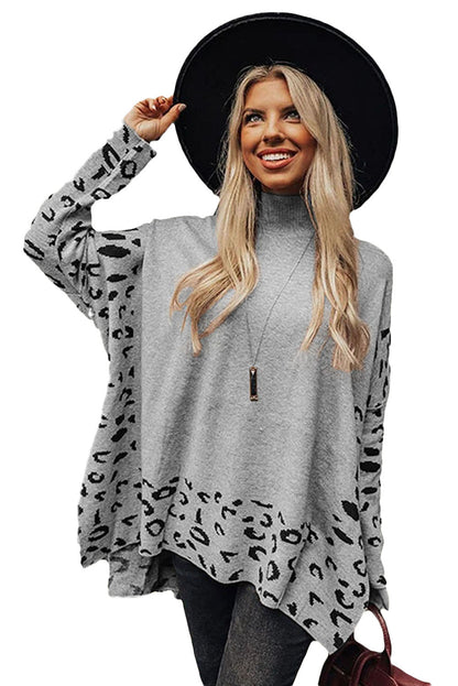 Leopard High Neck Side Slit Oversized Sweater | Gray