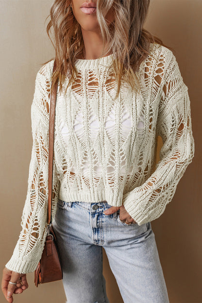 Cut Out Crochet Crew Neck Loose Fit Sweater | White